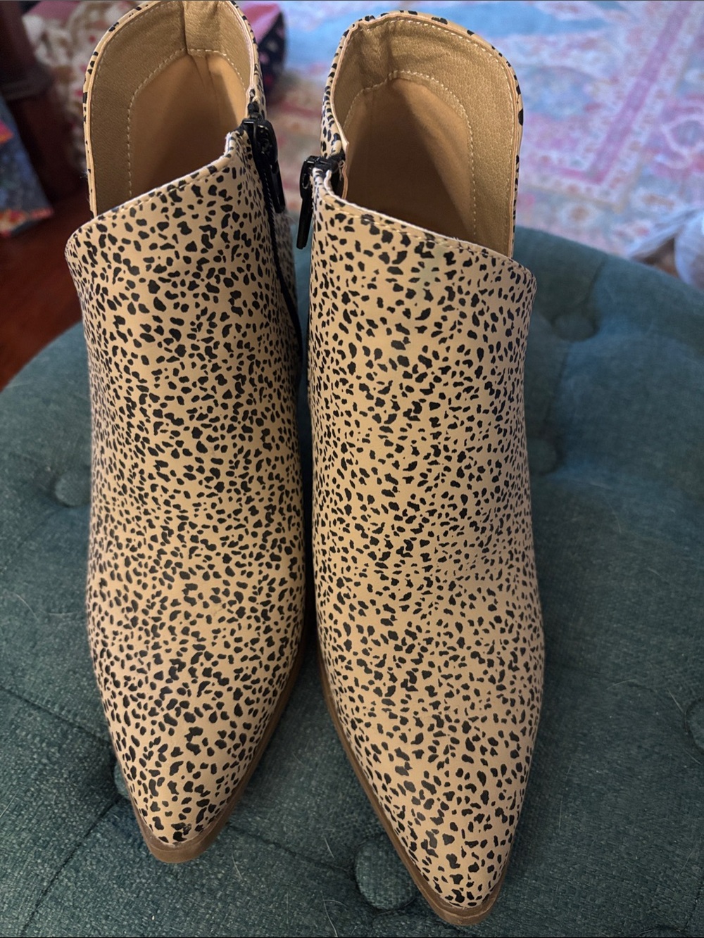 Serra Leopard-Print Pointed Ankle Booties in Tan and Black